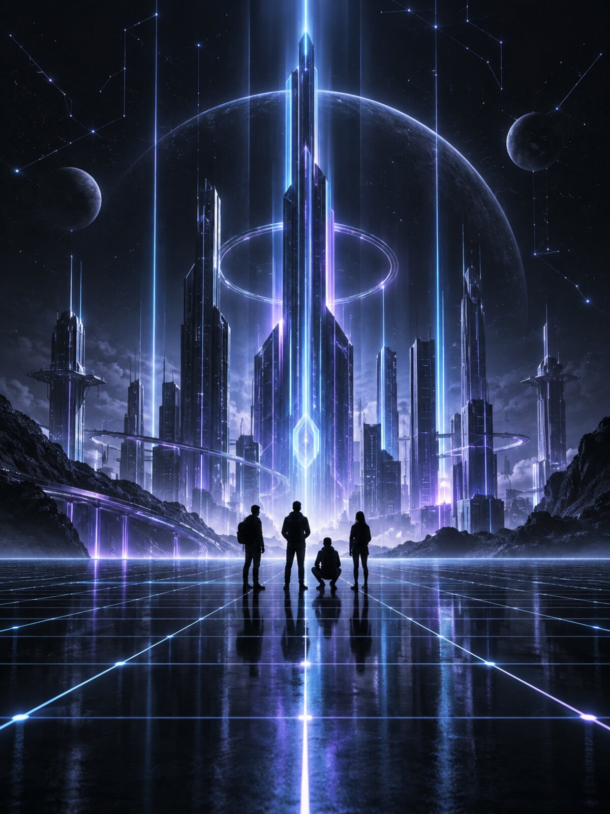 A city of light rising from a glowing grid, with builders looking on